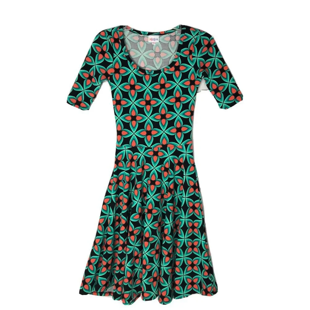 lularoe Nicole dress Size XXS Black Orange Green Short Sleeve Spun Polyester Usa